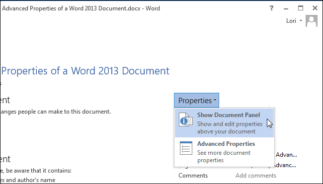 انتخاب Show Document Panel جهت نمایش حصوصیات در صفحه‌ی ویرایش متن