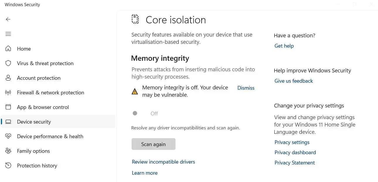 روش های رفع ارور Memory Integrity در ویندوز 11